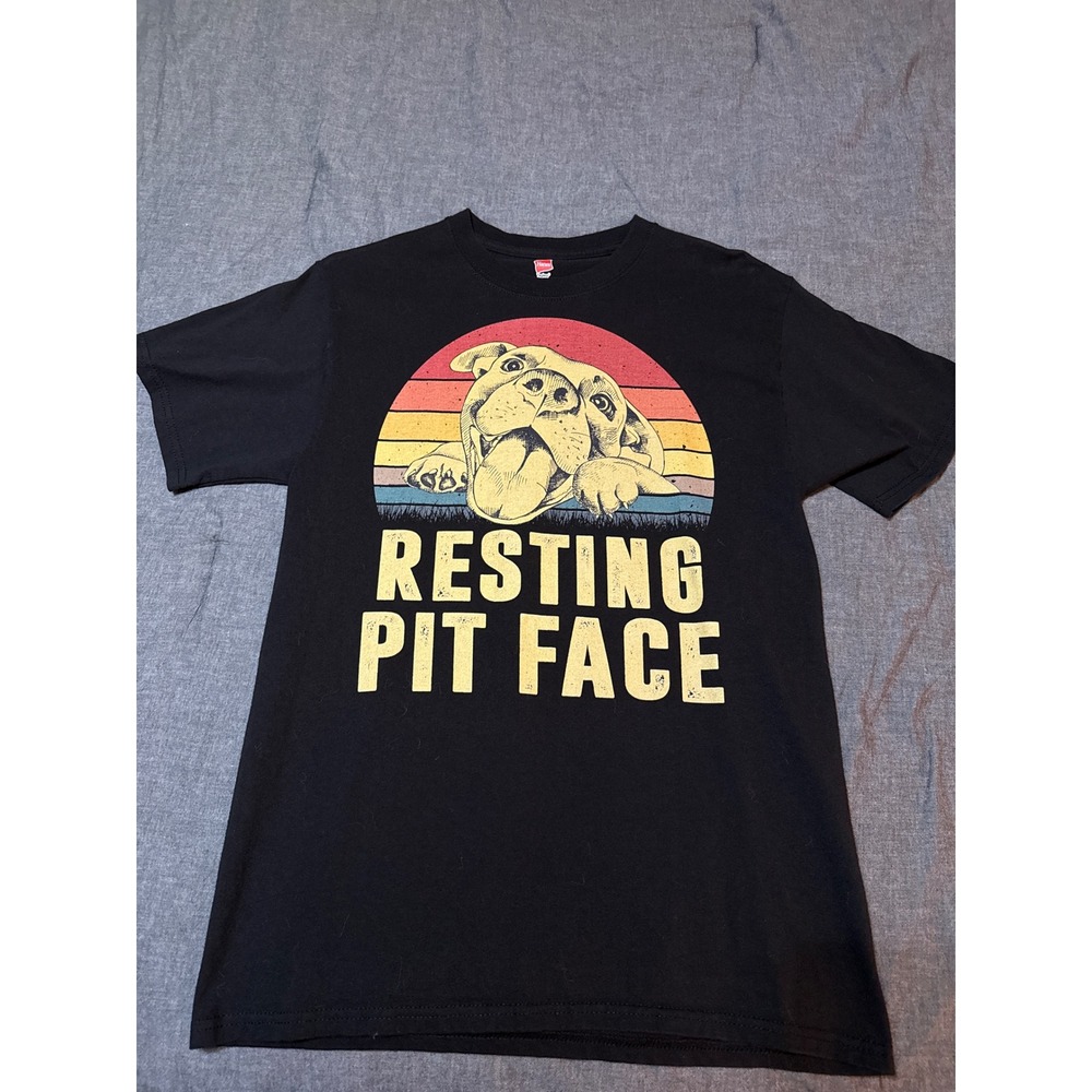 Hanes Resting Pit Face Dog Graphic T-Shirt Black Size Medium Retro Sunset